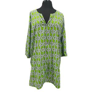 Gretchen Scott Rope Print Tunic Dress Green Blue White Cotton XL Resort Shirt